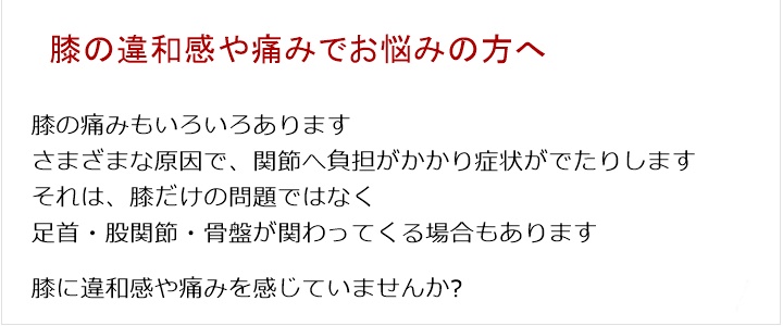 膝の痛み・・・変形性膝関節症、オスグッド病膝の痛みもいろいろありますいろいろとさまざまな原因で、膝の関節に負担がかかり症状がでたりしますが、それは、膝の問題だけでなく足首・股関節・骨盤などが関わっていることもありますつらい膝の痛み!お気軽にご相談ください