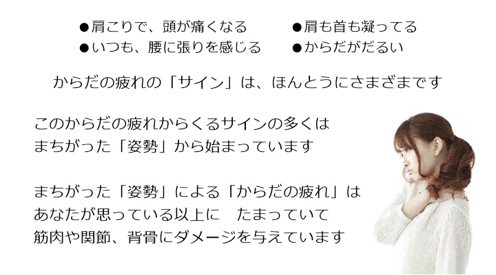 ●肩こりで、頭が痛くなる ●肩も首も凝ってる●いつも、腰に張りを感じる ●からだがだるいからだの疲れの「サイン」は、ほんとうにさまざまですこのからだの疲れからくるサインの多くはまちがった「姿勢」から始まっていますまちがった「姿勢」による「からだの疲れ」はあなたが思っている以上に たまっていて筋肉や関節、背骨にダメージを与えています