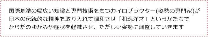 国際基準の幅広い知識と専門技術をもつカイロプラクター(姿勢の専門家)が、日本の伝統的な精神を取り入れて調和させ「和魂洋才」というかたちで、からだのゆがみや症状を軽減させ、ただしい姿勢に調整していきます。姿勢が変われば からだは変わる正しい姿勢になれば からだは もっと変わる